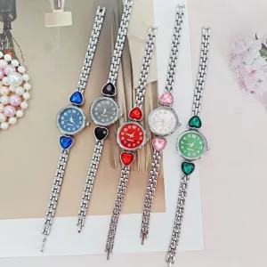 Women fashion quartz watch with metal link strap and heart crystal dial colorful set.