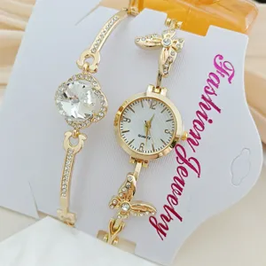Elegantes Damen Strass Quarz Uhr und Armband Set in Gold, stilvolles Detaildesign für Frauen.