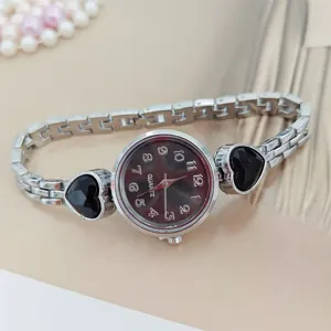 Women quartz watch silver metal bracelet black heart charm fashion wristwatch casual daily wear