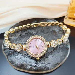 Luxury rhinestone flower bracelet quartz watch for women fashion pink dial wristwatch