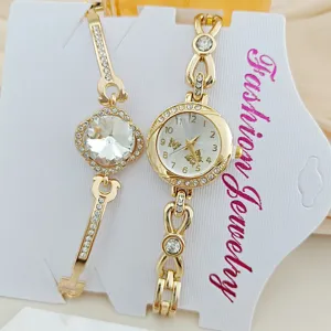 Damen Gold Strass Quarz Uhr Armband Set Mode elegante Armbanduhr Geschenk Alltag