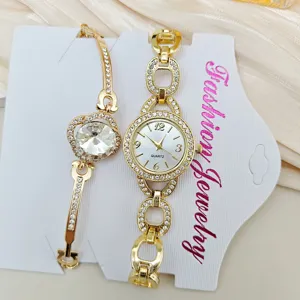 Luxus Damen Strass Quarzuhr Armband Set in Gold Mode Schmuck Geschenk für elegante Frauen