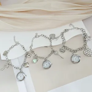 Modieuze strass dameshorloge kwarts armband horloge met zwaan hart sleutel bedels sieraden