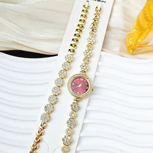 Luxury Gold Rhinestone Women Quartz Watch and Bracelet Set Elegant Fashion Gift Wristwatch