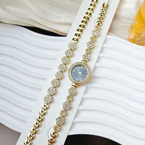 Gold rhinestone womens quartz watch bracelet set luxury sparkling floral link fashion jewelry