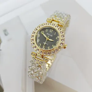 Luxury gold rhinestone women quartz watch elegant fashion bracelet wrist watch for ladies
