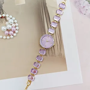 Damen Luxus Lila Kristall Edelstein Quarz Uhr mit elegantem Gold Armband Kette Schmuck.