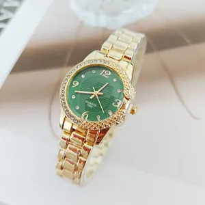Montre quartz femme luxe bracelet métal doré cadran vert strass mode élégante