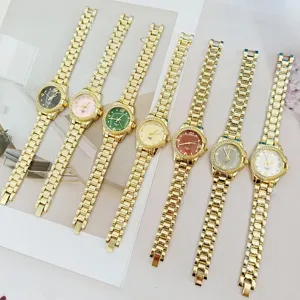 Montre quartz femme strass mode avec bracelet en métal or et cadrans colorés vifs