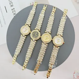 Luxury rhinestone women quartz watch set, elegant gold bracelet wristwatch for daily wear.