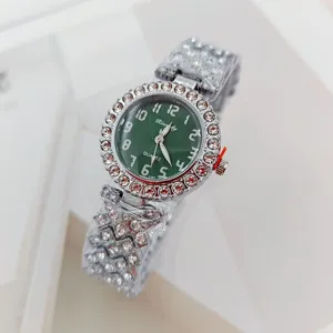 Elegant women rhinestone quartz watch with green dial and sparkling crystals for daily