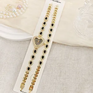 Luxus herzförmige Strass Quarzuhr und Armband Set für Damen, elegante Mode Schmuckstücke.
