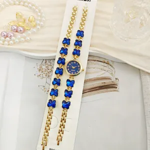 Damen Quarzuhr Set mit blauen Schmetterling Kristallgliedern und passendem Armband Schmuck.