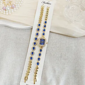 Goldfarbene rechteckige Quarzuhr fuer Damen mit blauem Tropfenstein Armband Schmuckset