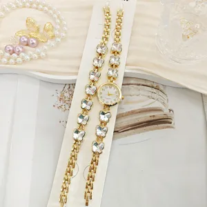 Luxus Strass Schmetterling Damen Uhr und Armband Set, elegante Gold Quarz Uhruhr.