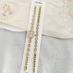Luxus Strass Quarz quadratische Uhr Set mit rosa Tropfen Kristall Armband Details.