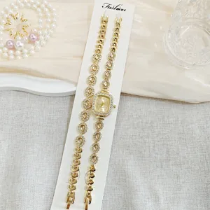 Goldene Strass Quadrat Damen Quarzuhr und Armband Set Detailansicht, elegante Modiuhr.