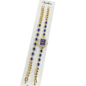Luxus goldene Damenuhr und Armband Set mit blauen Tropfen-Strasssteinen für elegantes Styling.