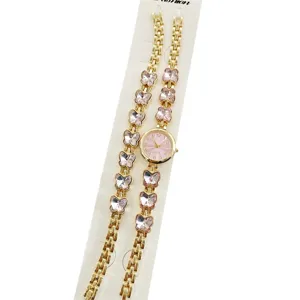 Damen Quarzuhr Set mit rosa Kristall Schmetterling Design und elegantem goldenen Armband.