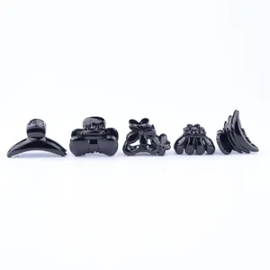 Set of 5 glossy black hair claw clips, classic retro minimalist style hair accessories for women.