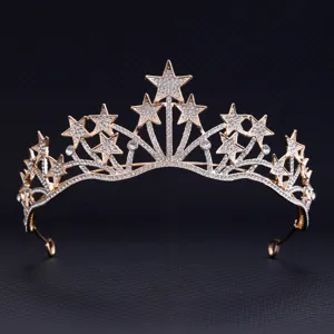 Gold star tiara crystal rhinestone crown hair accessory for wedding bridal birthday party decor.