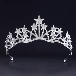 Silver rhinestone star tiara crown for bridal wedding, party, and festival dress up.