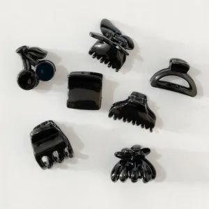 Black mini plastic hair claws set, cute cherry and geometric styling hair clips for women.