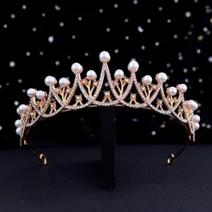 Bridal Pearl Crown Tiara Wedding Hair Accessory Gold Rhinestone Princess Headpiece