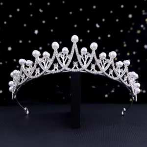 Silver pearl tiara crown exquisite rhinestone hair accessory for bridal wedding party detail view