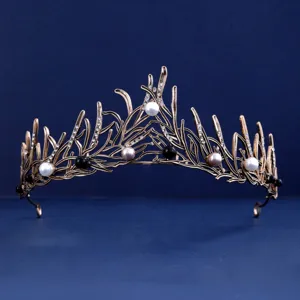 Vintage gold pearl crown tiara headband for bridal wedding party hair accessories crystal hair piece