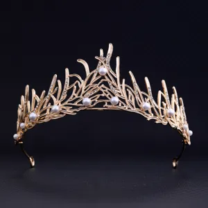 Gold pearl rhinestone tiara, elegant branch design crown hair hoop for wedding bridal party dress up.