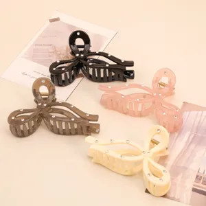 French minimalist rhinestone hair claw clip sweet bow design versatile shark clip for women