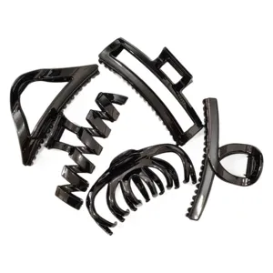 Set of 5 black glossy hair claw clips, geometric minimalist hair styling accessories.