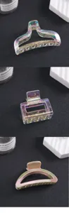 Detailed view of iridescent transparent plastic hair claws showing multi-style designs.