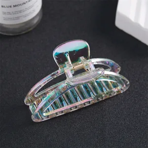 Transparent iridescent hair claw clip for women, stylish acrylic hair accessory for styling.