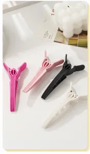 Detailed view of colorful hair root fluffy clips, seamless duckbill clips for styling bangs.