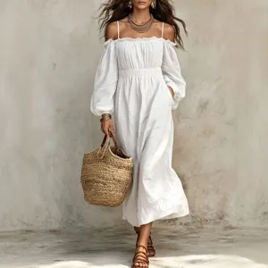 Chic white off-shoulder long sleeve dress with spaghetti straps and smocked waist for women.