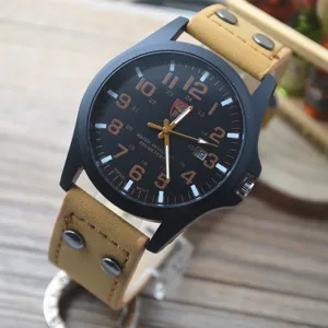 Men military watch quartz leather strap casual waterproof wristwatch with date display 1pcs