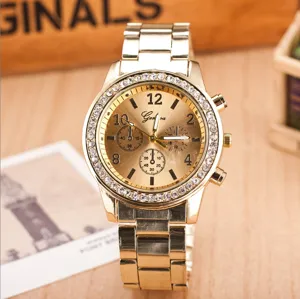 Genfer Stil Mode Damen Quarzuhr Edelstahl Strass Zifferblatt Luxus Analog Armbanduhr Gold Silber Roségold Dress Watch