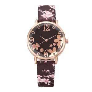 Fashion floral printed leather strap women quartz watch with rose gold case and analog dial.