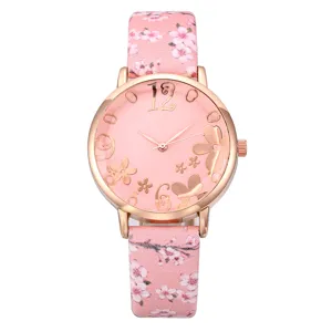 Chic pink floral leather strap quartz watch with rose gold round case for women daily wear.