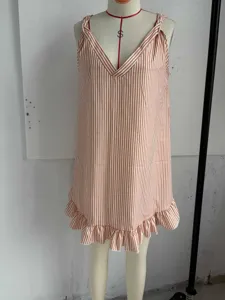 Striped ruffled sleeveless V-neck slip mini dress for summer vacation and daily casual wear.