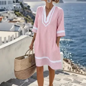 Pink striped V-neck beach dress casual loose short sleeve summer swimwear cover up outfit