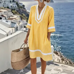Yellow striped V-neck beach dress women summer casual loose short sleeve holiday cover-up