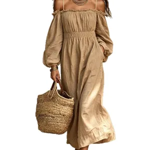Womens off shoulder long sleeve resort midi dress casual loose pleated maxi dress with bag