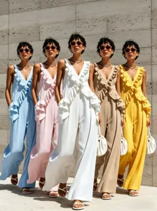 Summer casual vacation ruffle sleeveless v-neck solid linen jumpsuit for women style.