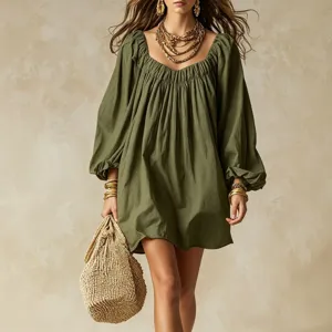 Robe Mini Ample Unie Manches Longues Lanterne Col Carré Décontractée pour Femmes Robe de Vacances Élégante