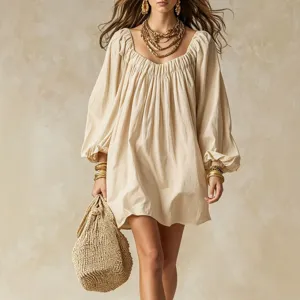 Robe courte détendue bohème d'été manches longues unicolore vacances plage chic mode