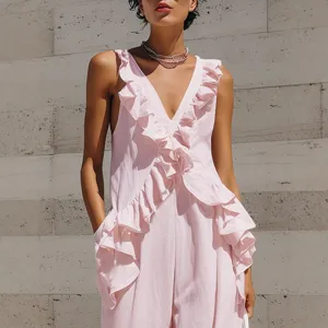 Pink sleeveless V-neck jumpsuit detail, ruffle trim linen blend summer casual resort wear.