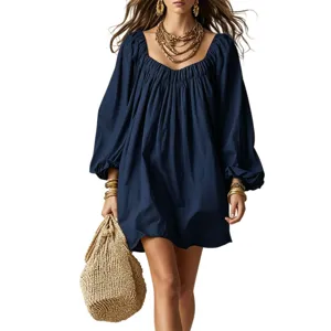 Femme Été Bohème Ample Manches Longues Mini Robe Couleur Unie Casual Vacances Plage Mode